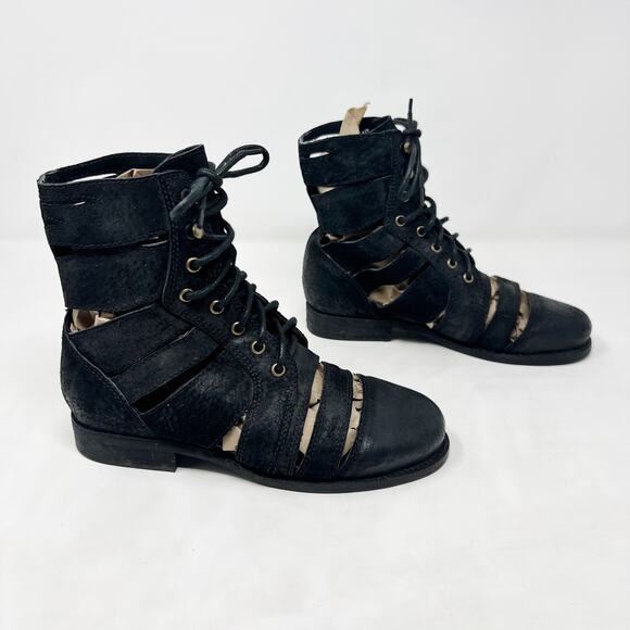 [Jeffrey Campbell] Black Slashed Nubuck Leather Lace Up Combat Boots Size 6.5 - Picture 1 of 11